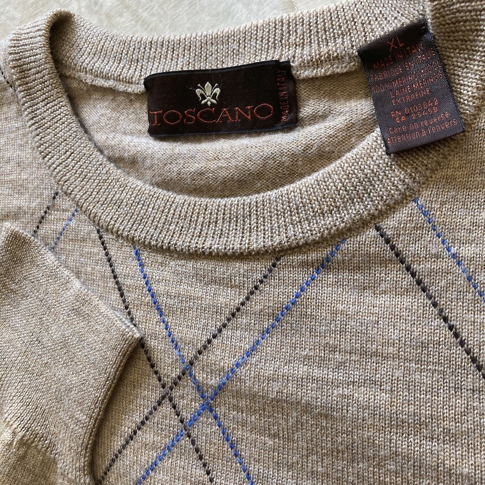 Toscano 100% Merino Wool Sweater Men's XL Made in Italy LS Crew Neck Argyle Tan